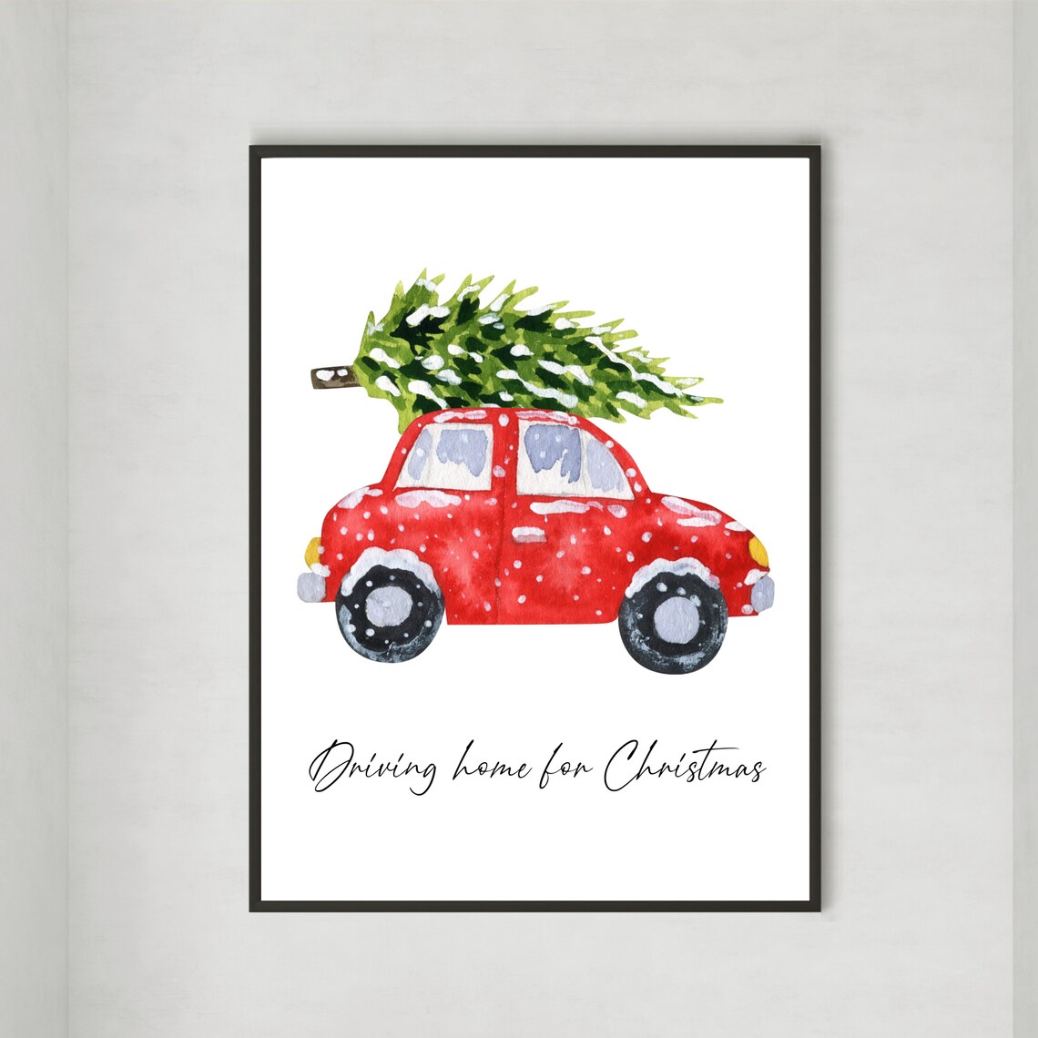 Driving Home For Christmas Red Car Tree Watercolor Holiday Poster
