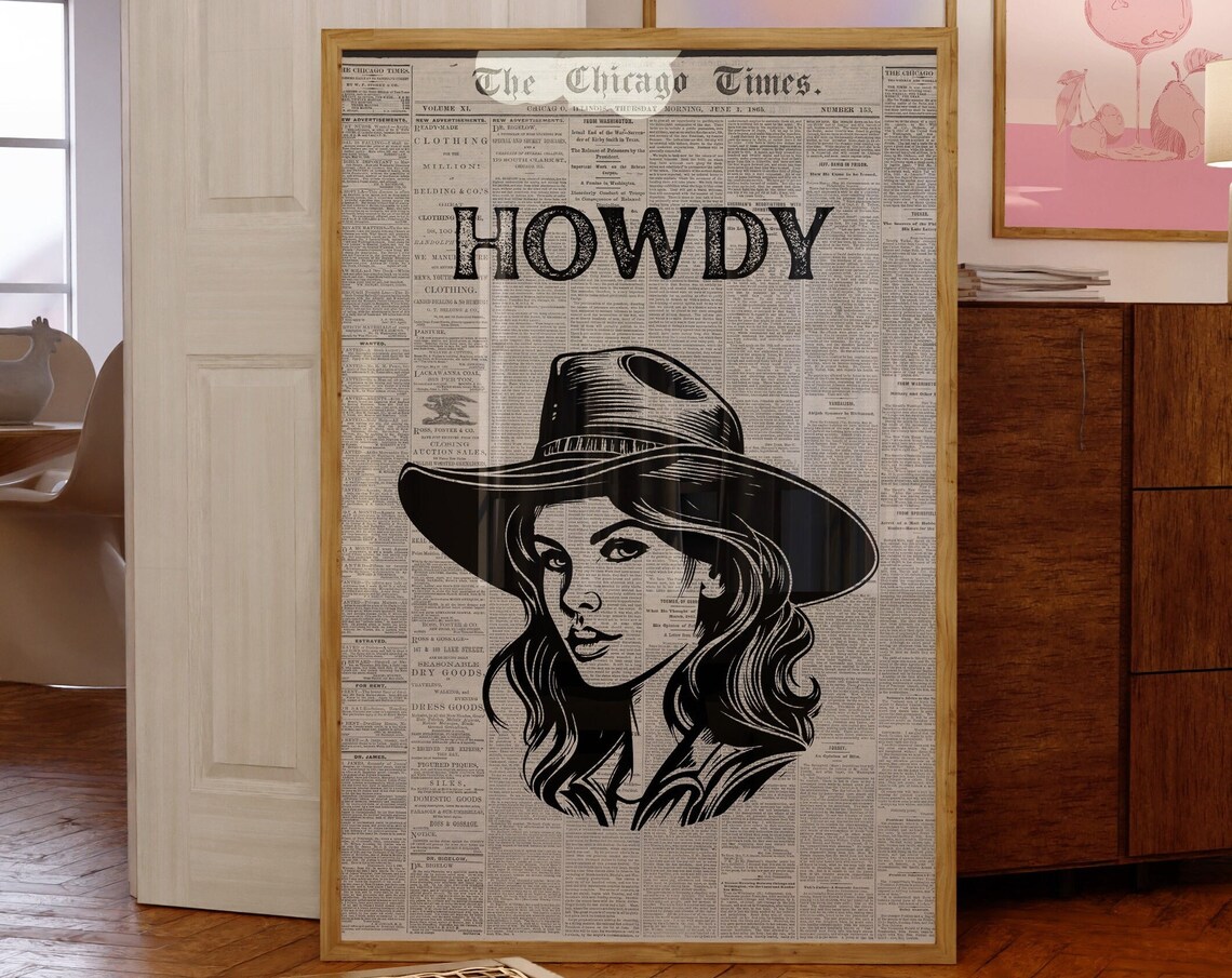 Vintage Howdy Cowgirl Poster Retro Western Cowboy Hat Newspaper Art