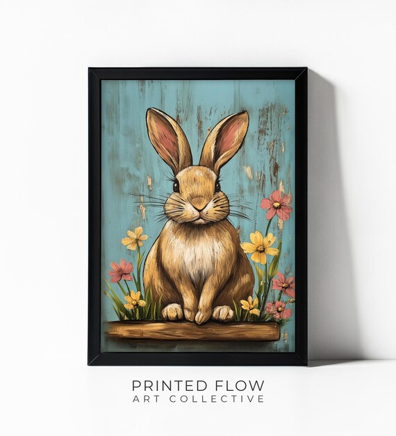 Adorable Brown Bunny Sitting Among Pink and Yellow Flowers Rustic Animal Poster
