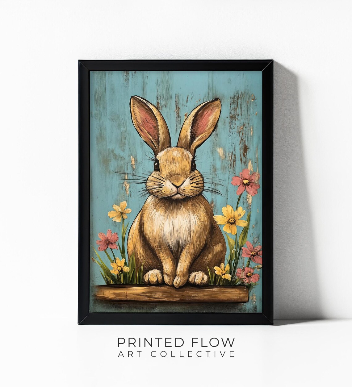 Adorable Brown Bunny Sitting Among Pink and Yellow Flowers Rustic Animal Poster