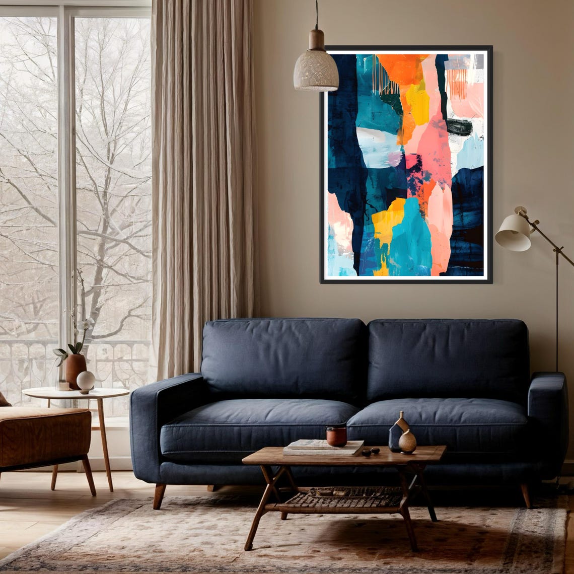 Bold Color Splash Abstract Navy Pink Orange Brushstroke Art Print - Image 3