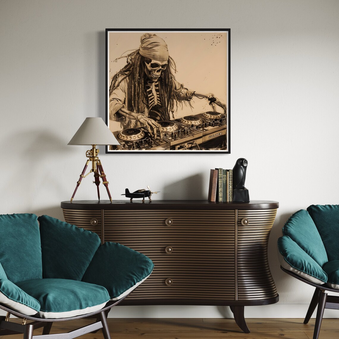 Pirate Skeleton DJ Mixing Decks Sepia Charcoal Drawing Fun Music Poster - Image 2