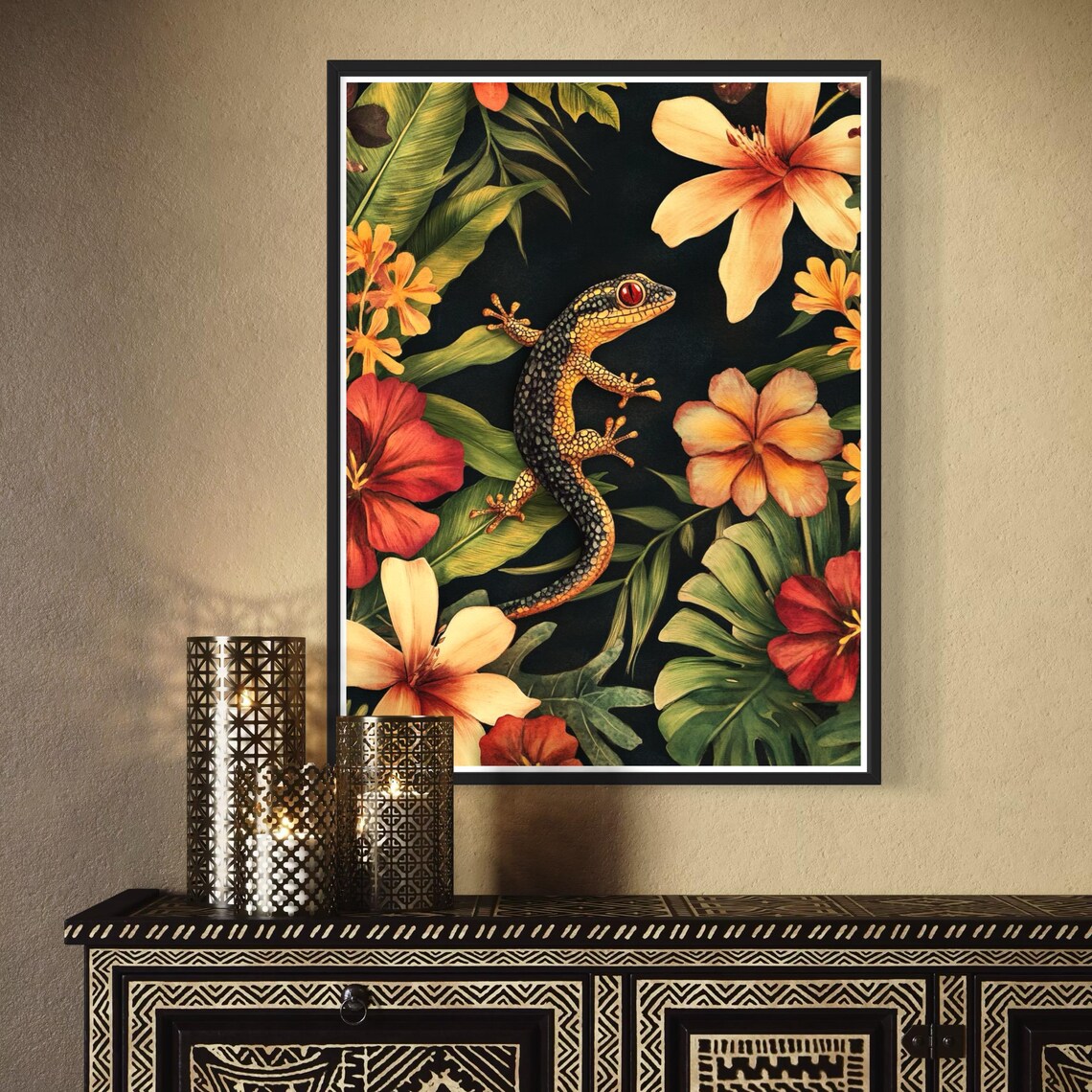 Gecko Tropical Flowers Black Background Wildlife Reptile Art Print - Image 4