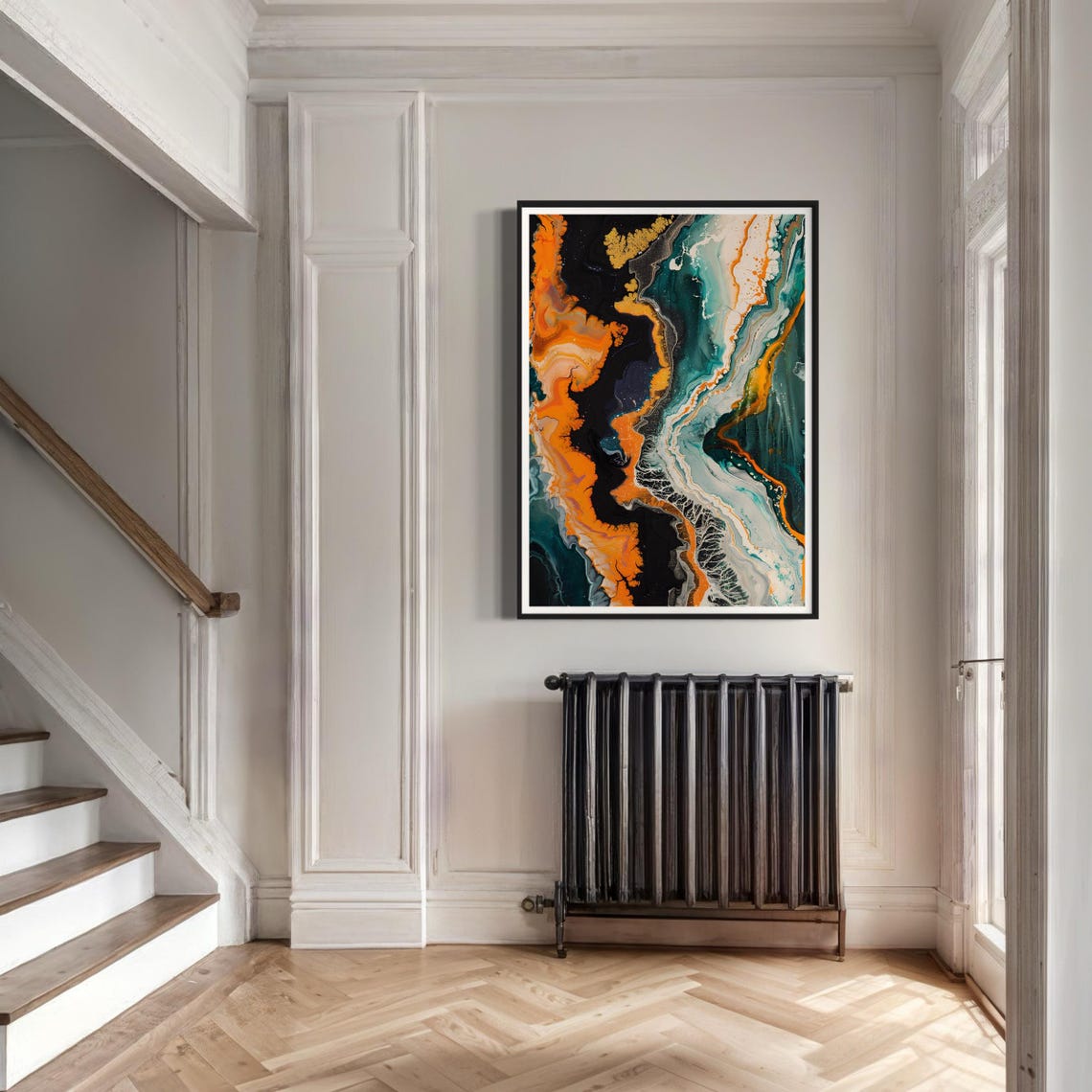 Orange Black Teal Marble Cells Acrylic Pour Fluid Abstract Art Print - Image 2