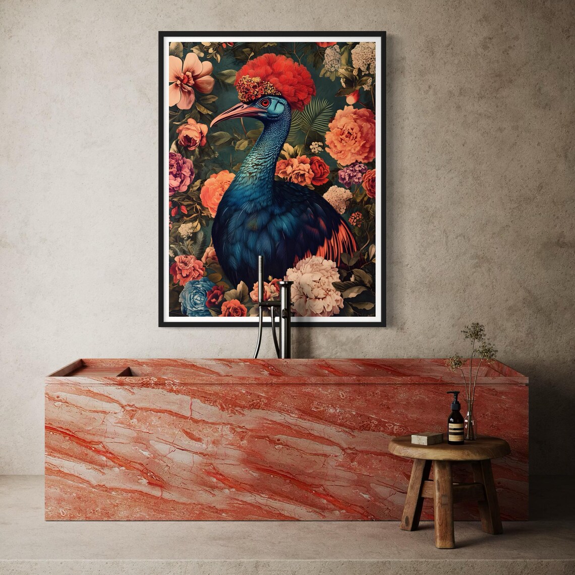 Cassowary Blue Neck Red Crest Tropical Flower Jungle Wildlife Poster - Image 2
