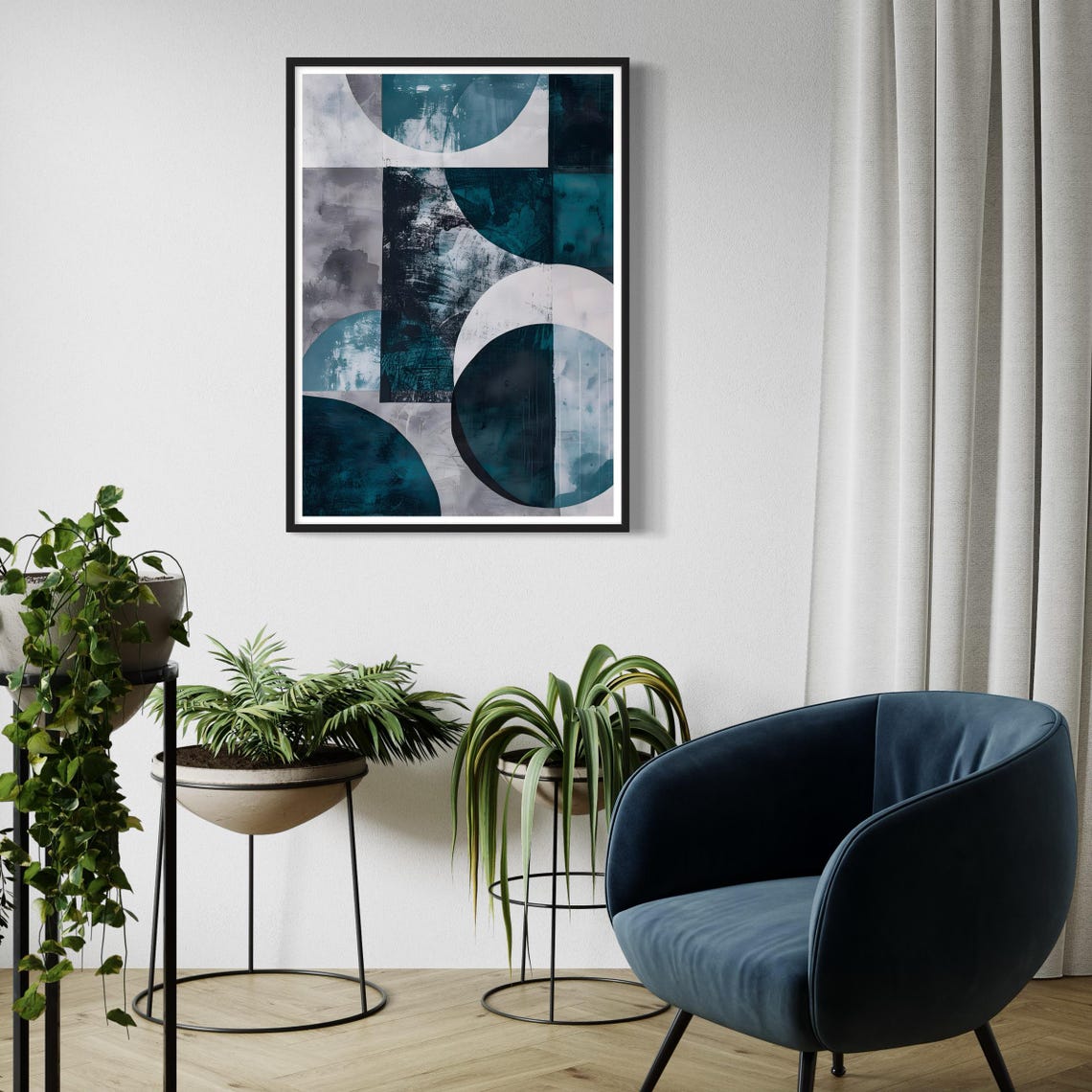 Teal Blue Geometric Circles Mid Century Modern Abstract Wall Art Print - Image 4