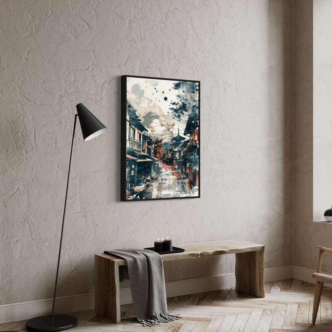 Streets Of Japan Art Print Abstract Monochrome Ink Style With Splash Of Red Urban Cityscape Wall Decor Contemporary Japanese Painting - Image 4