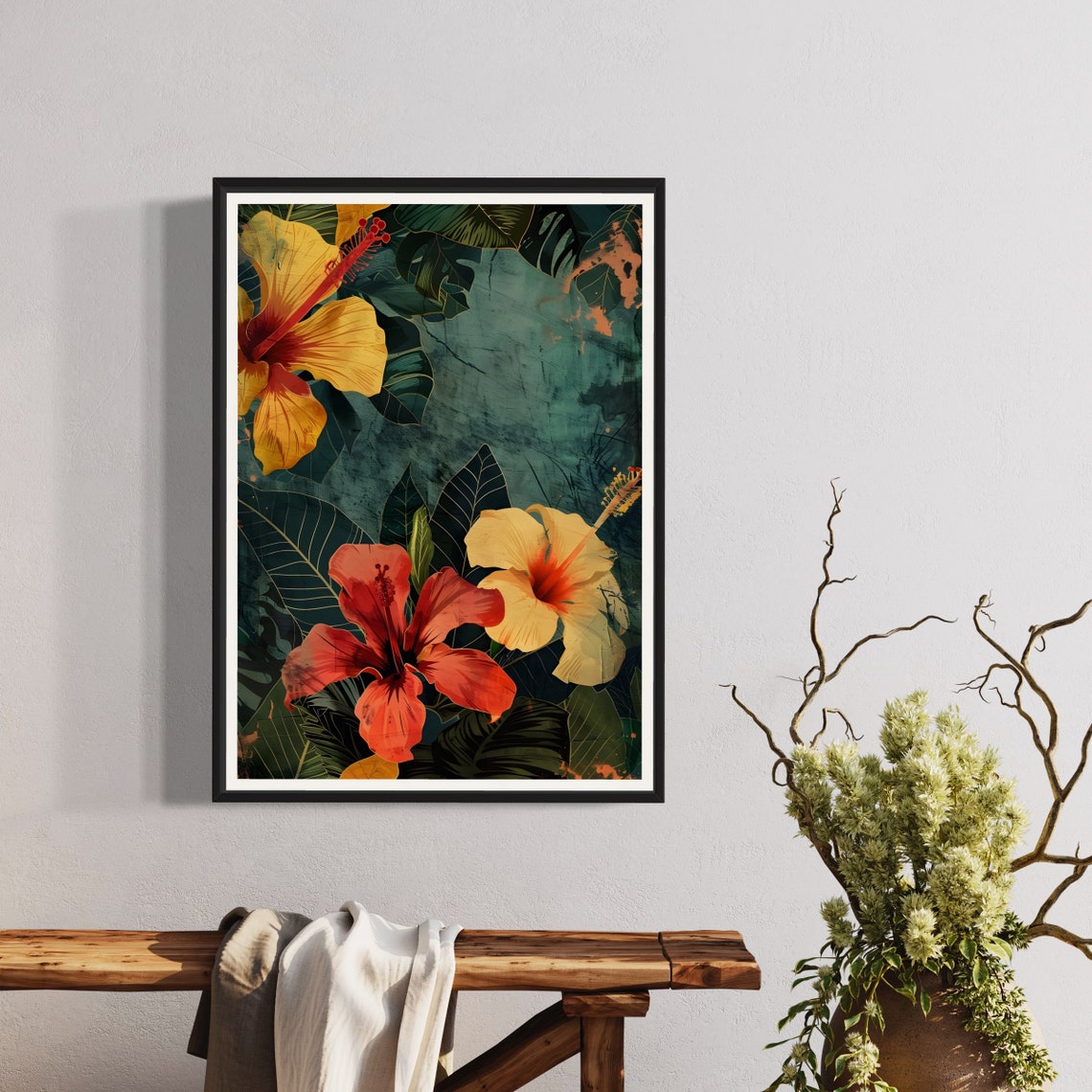 Tropical Hibiscus Flowers Vintage Dark Botanical Floral Art Print - Image 4