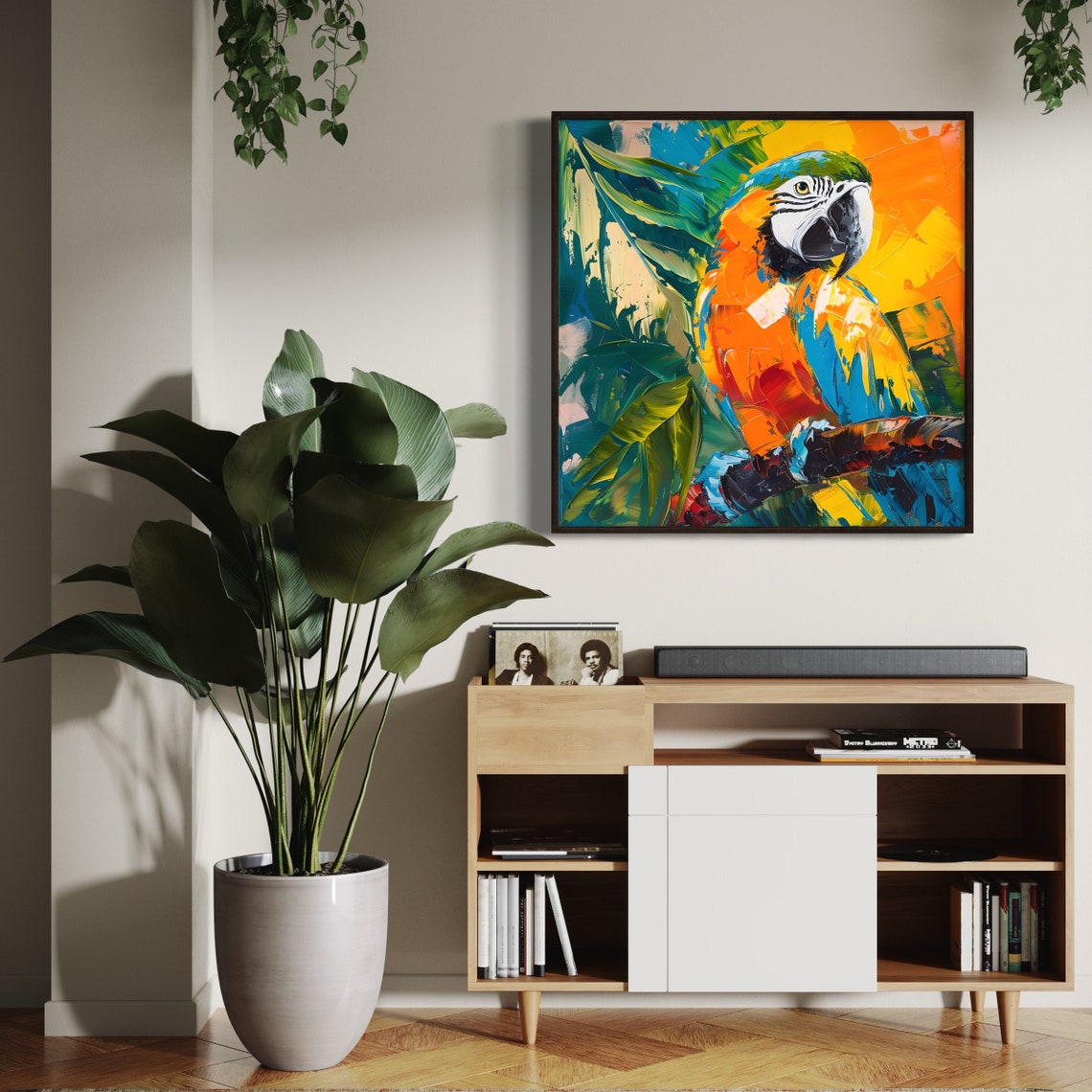 Blue Gold Macaw Impasto Acrylic Bold Tropical Bird Painting Poster - Image 2