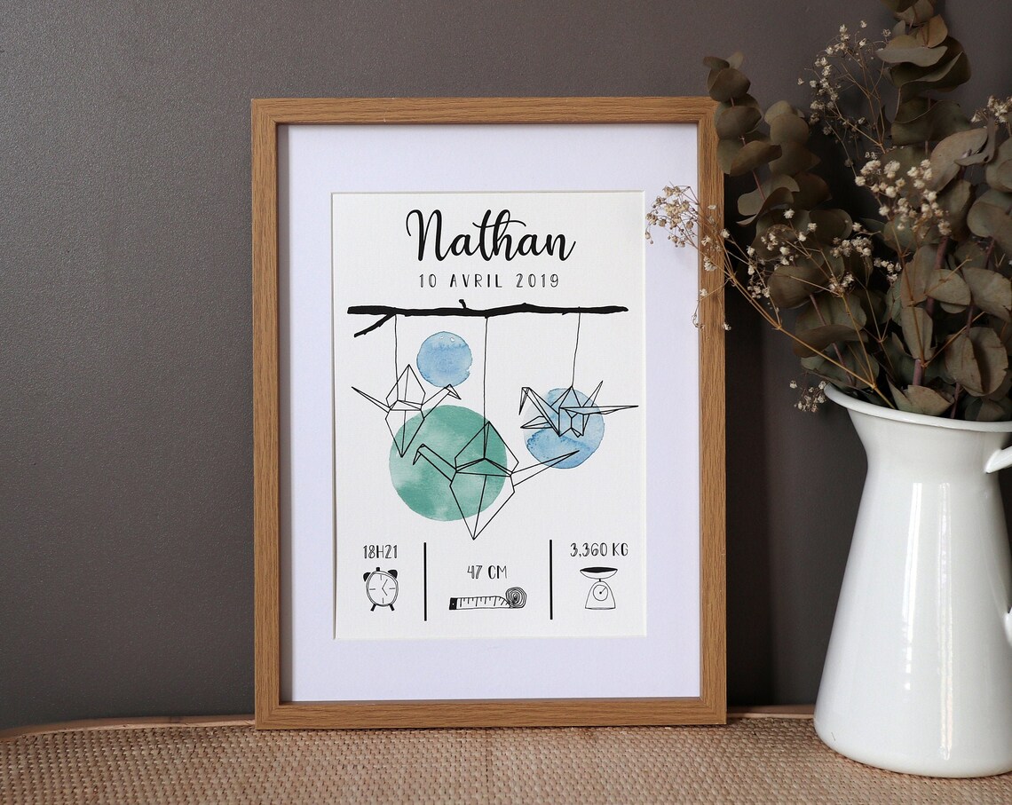 Personalized Origami Crane Birth Stats Watercolor Keepsake Poster
