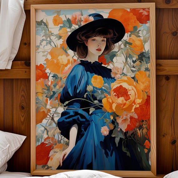 Blue Dress Woman With Orange Flowers Wall Poster Botanical Portrait Art Print Impressionist Fashion Painting Instant