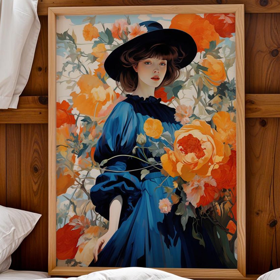 Blue Dress Woman With Orange Flowers Wall Poster Botanical Portrait Art Print Impressionist Fashion Painting Instant