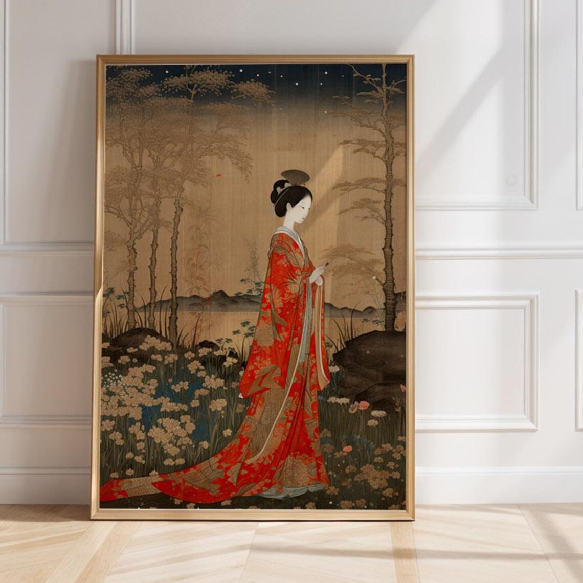 Woman in Red Kimono Japanese Garden Night Painting Portrait Poster