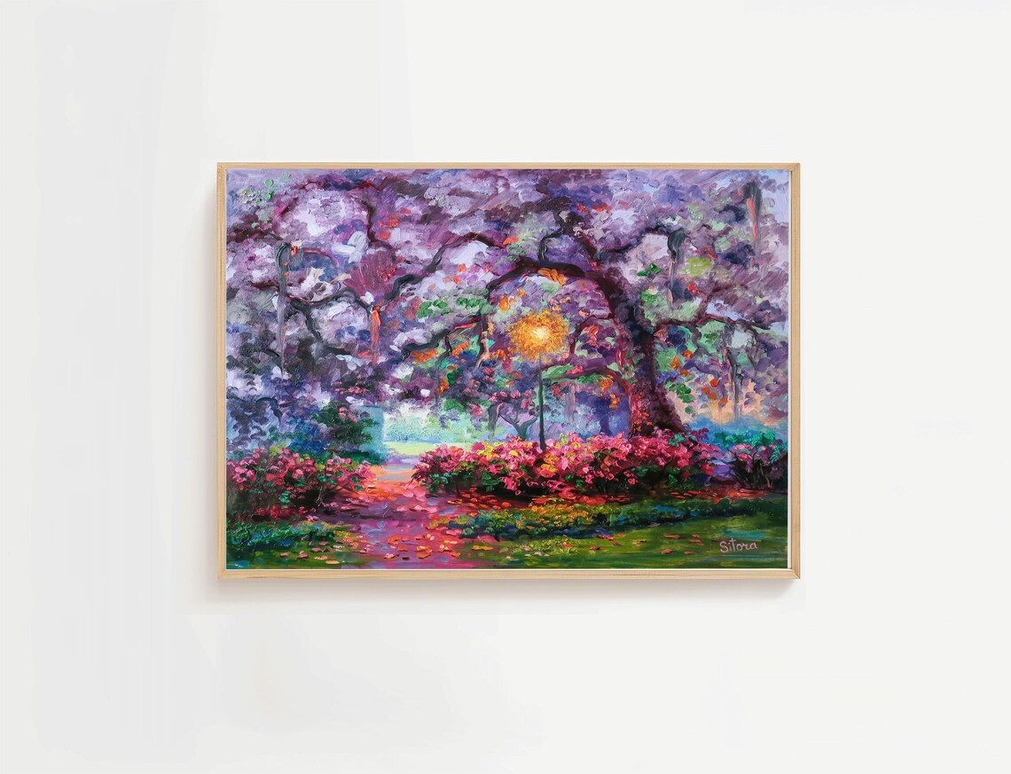 Forsyth Park Azalea Garden Lamp Romantic Evening Painting Poster