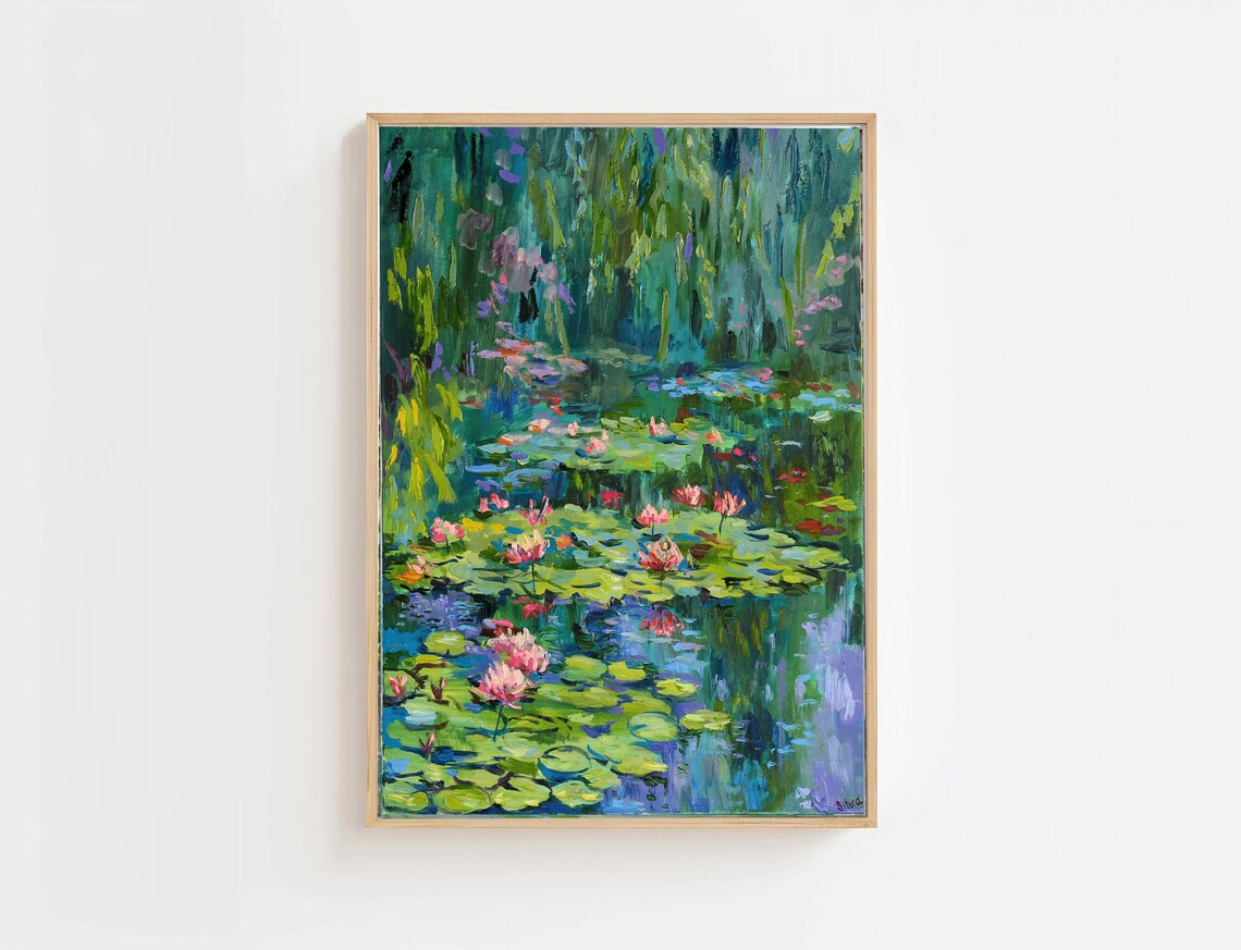 Water Lily Pond Impressionist Garden Pink Blossom Painting Poster