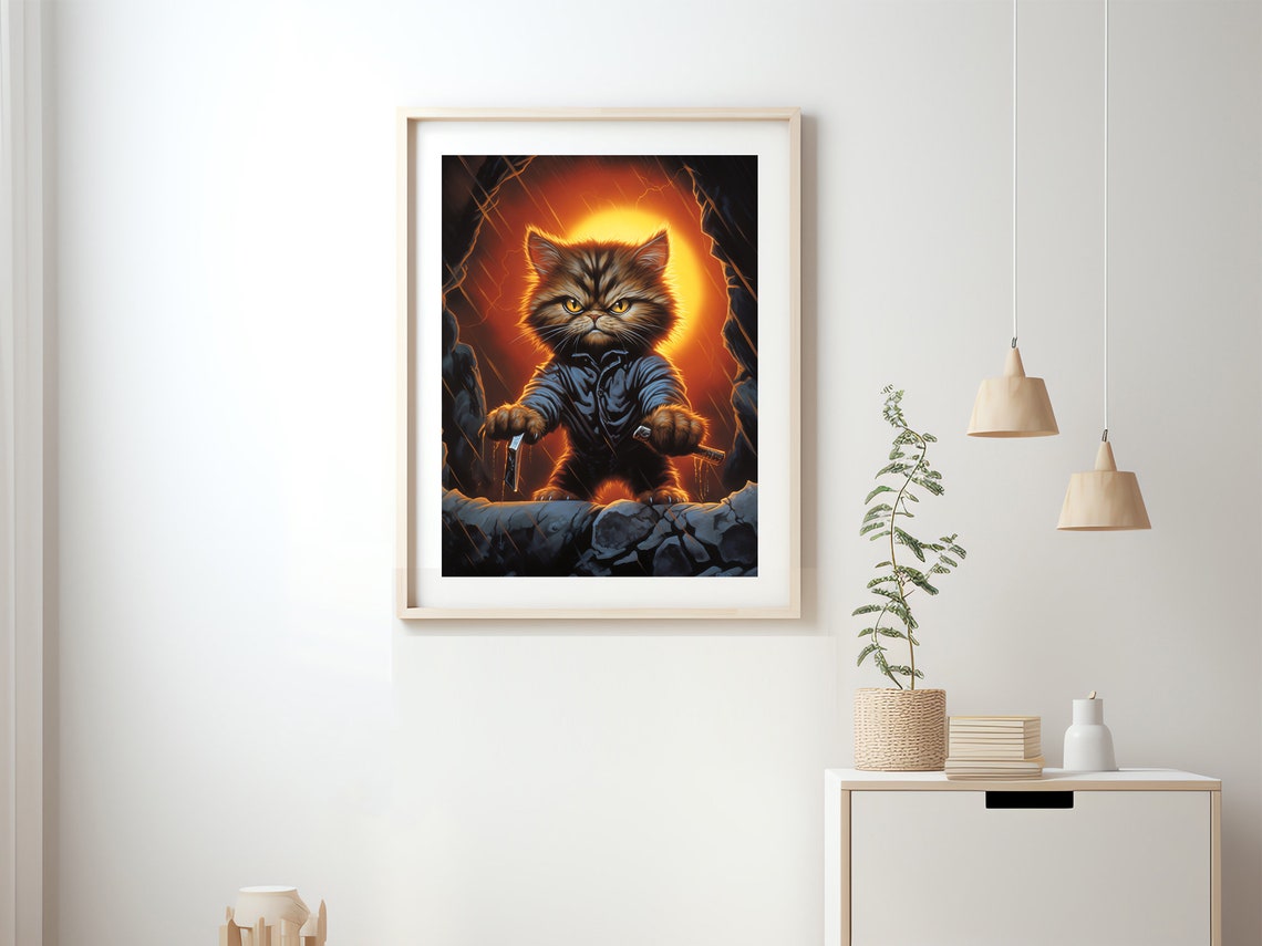 Angry Tabby Cat Rain Storm Horror Movie Spoof Funny Halloween Poster - Image 2