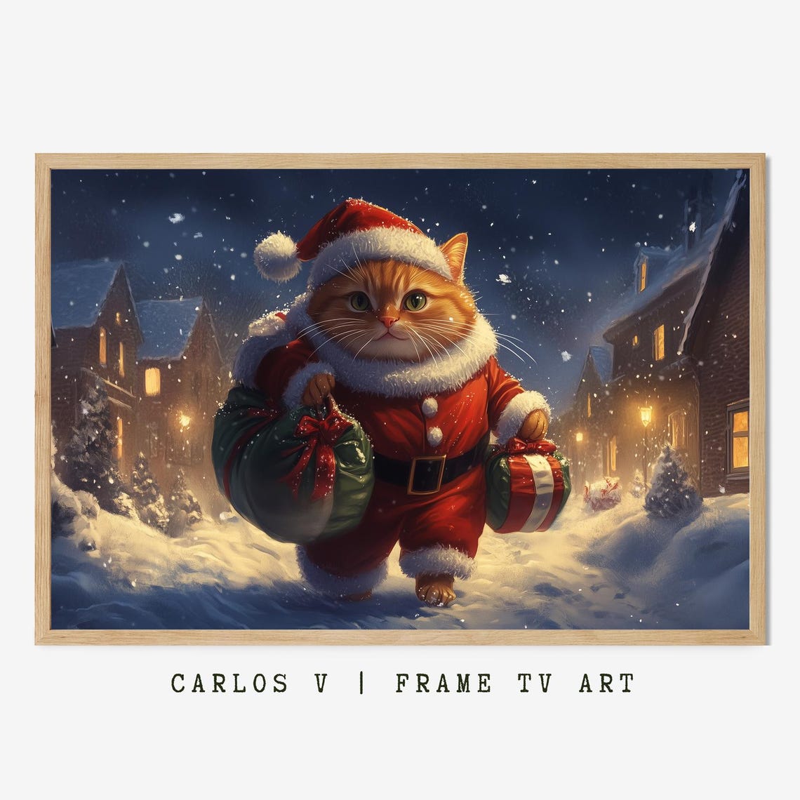 Orange Santa Cat Strolling Through Snow With Two Gift Sacks Poster