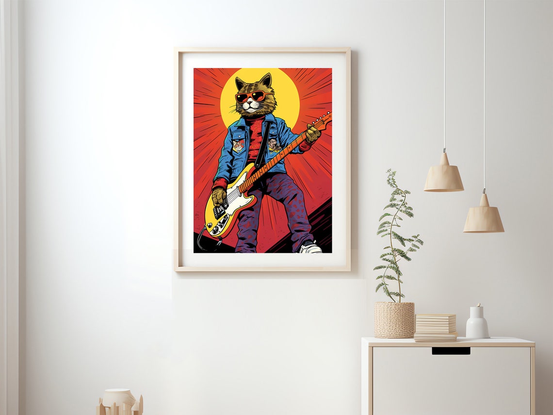 Rock Star Cat With Sunglasses Playing Electric Guitar Poster