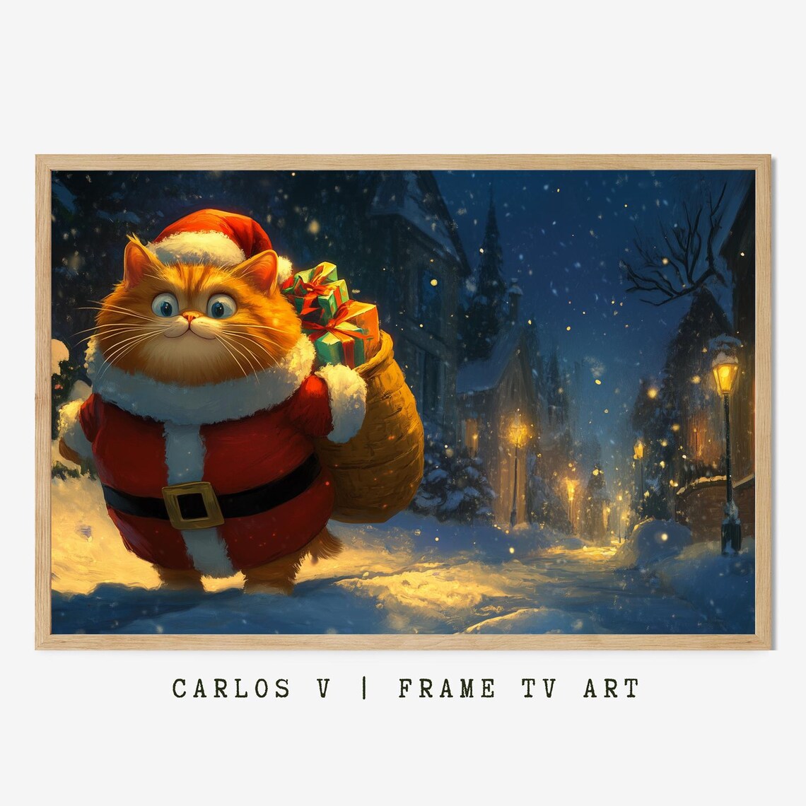 Orange Santa Cat with Basket of Gifts on Snowy Village Street Poster