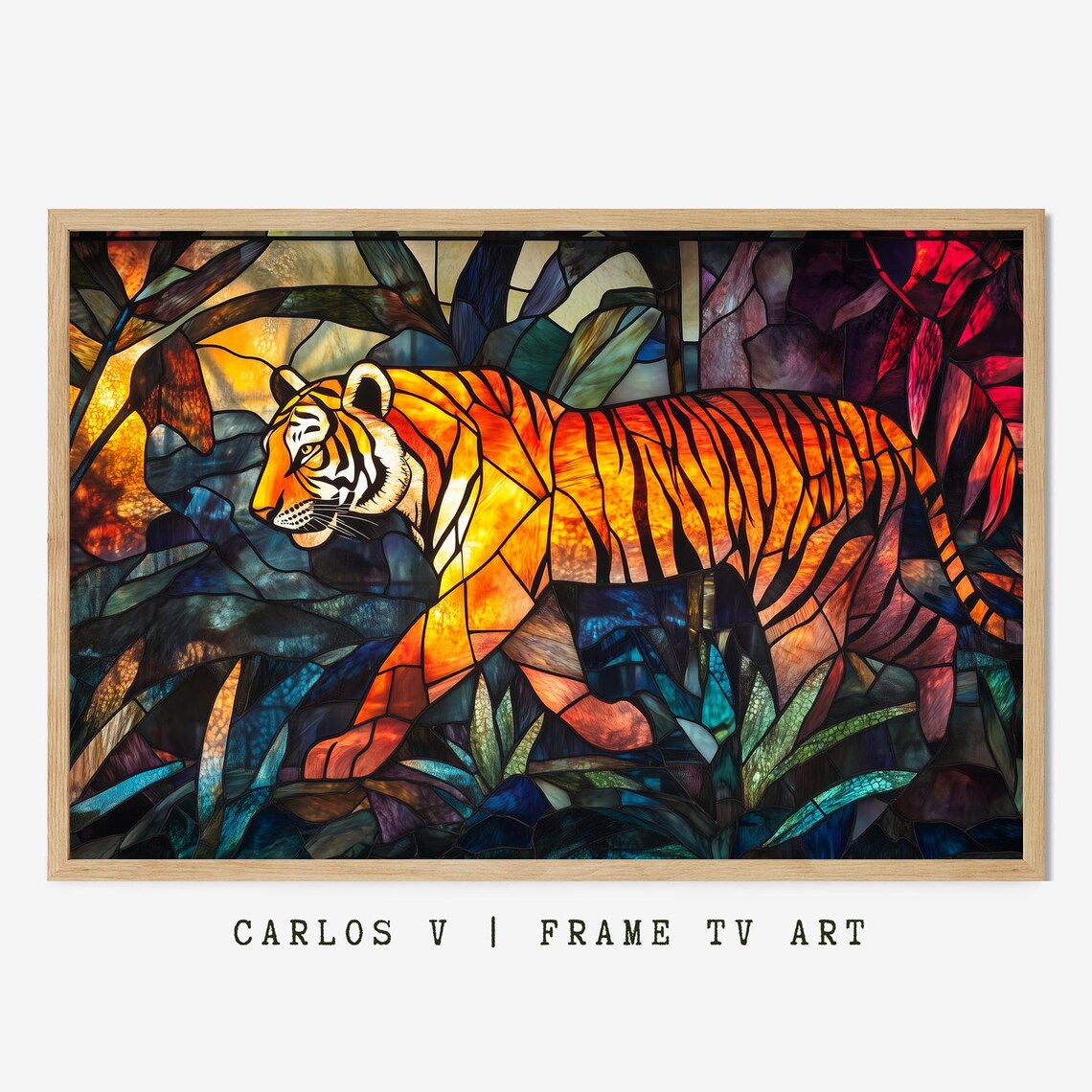 Stained Glass Tiger Walking among Leaves Vibrant Mosaic Style Art Poster
