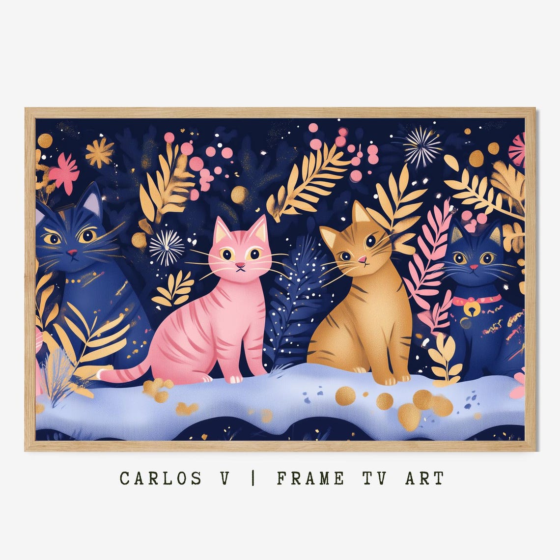Four Colorful Cats Among Golden Foliage In Winter Wonderland Poster