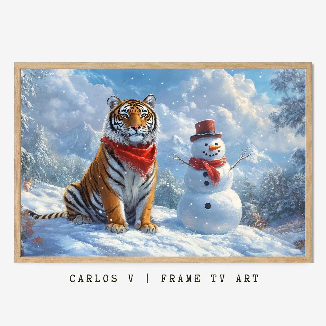 Tiger with Red Scarf Sitting Beside Snowman in Mountains Poster
