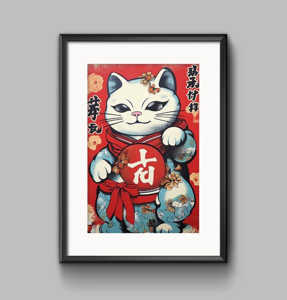 Lucky Cat in Floral Kimono Holding a Red Good Luck Lantern Poster