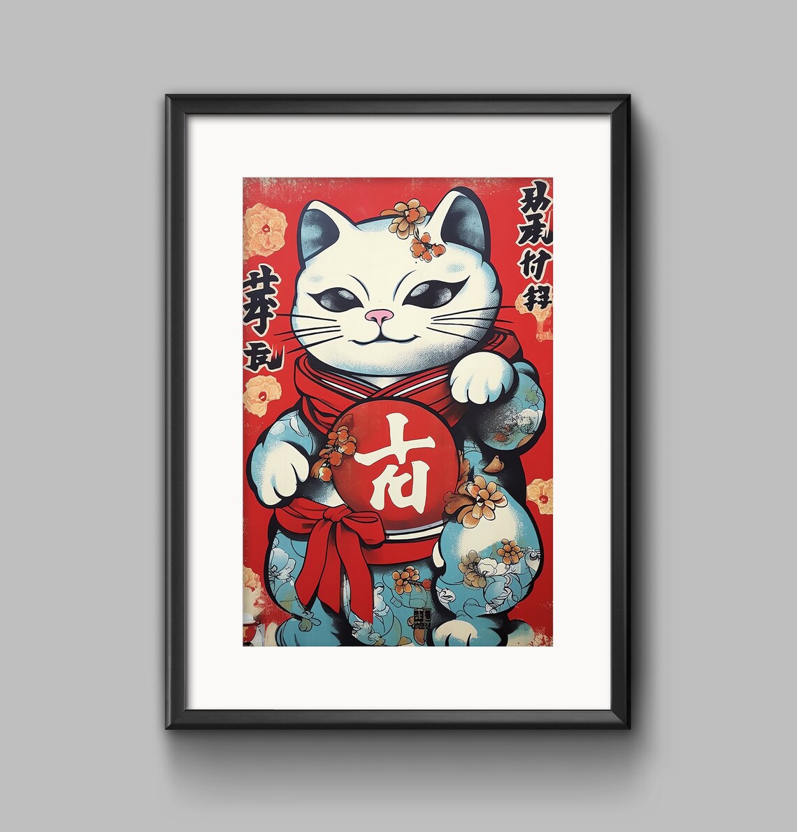 Lucky Cat in Floral Kimono Holding a Red Good Luck Lantern Poster