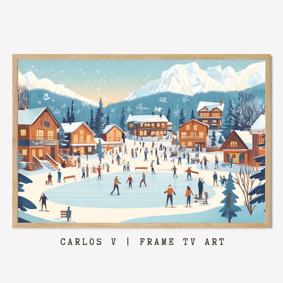 Outdoor Ice Skaters Gliding In Snowy Mountain Village Poster