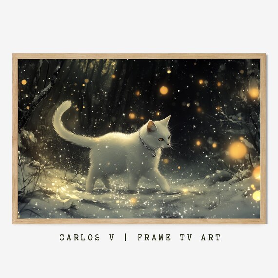 Enchanted White Cat Walking Through A Starry Winter Night Poster