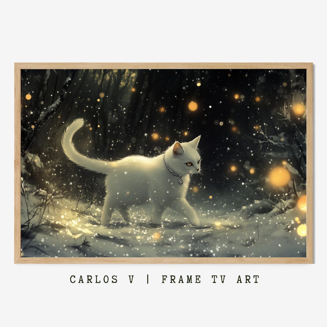 Enchanted White Cat Walking Through A Starry Winter Night Poster