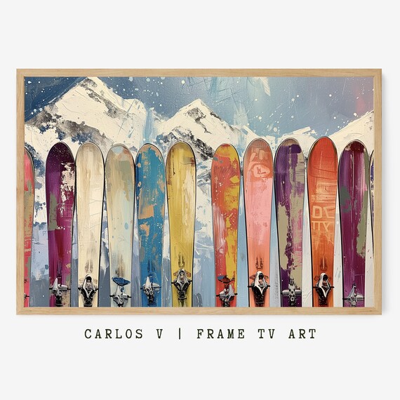 Colorful Vintage Skis Lined Up Snowy Mountain Backdrop Frame TV Art Poster