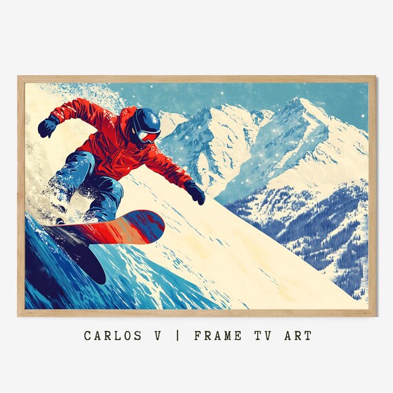 Snowboarder In Bright Red Jacket Riding Down Steep Slope Poster
