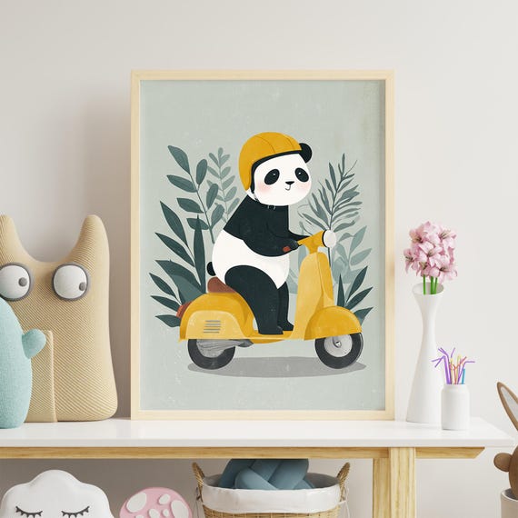 Baby Nursery Print Panda On Yellow Scooter Multiple Sizes