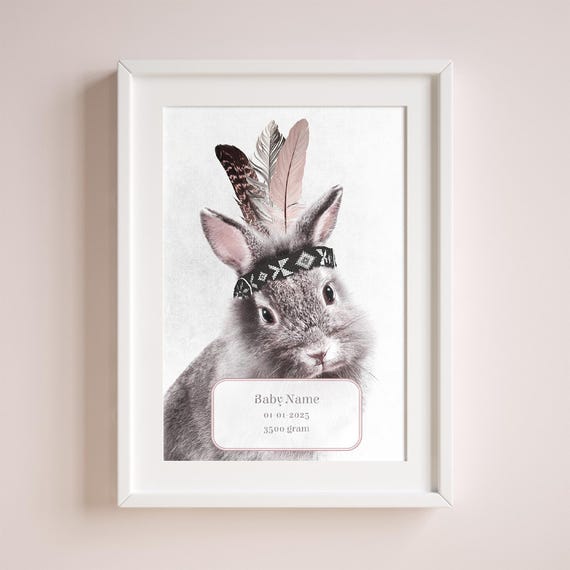 Baby Name Poster Nursery Wall Art Bunny With Illustration Personalized Birth Stats Print Newborn Gift Room Decor