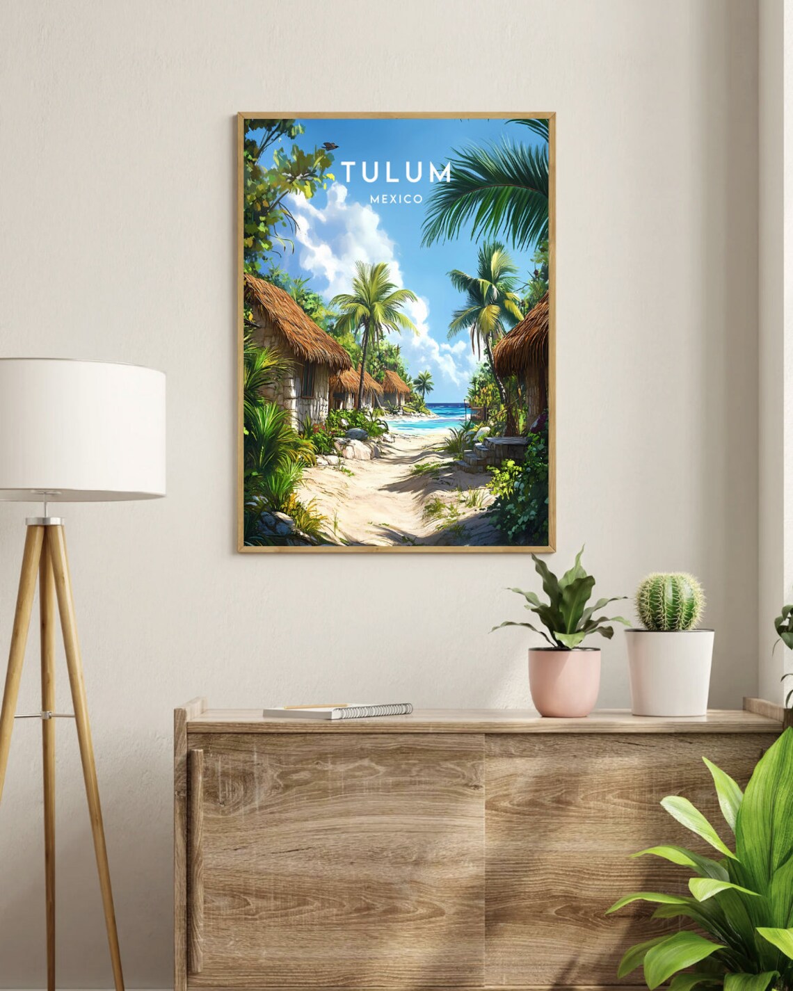 Tulum Mexico Beach Huts Palms Sunny Caribbean Coastal Travel Poster - Image 3