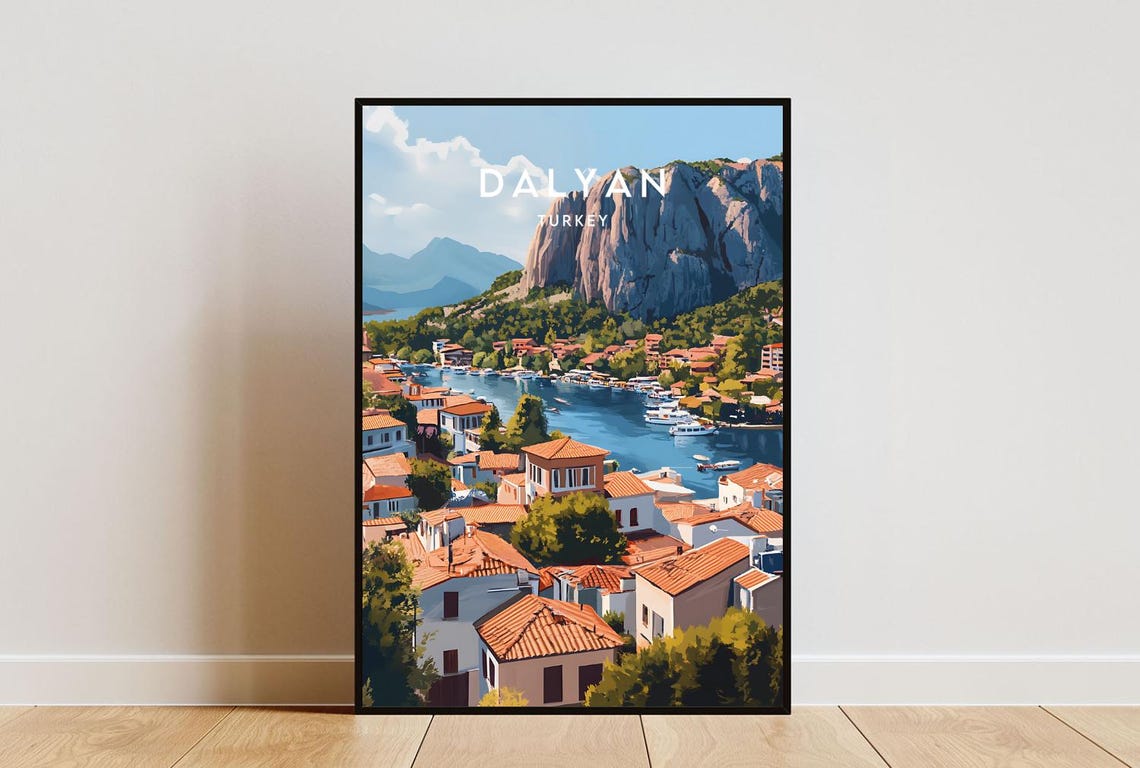 Dalyan Turkey Scenic Harbor River Town Rocky Cliffs Travel Poster