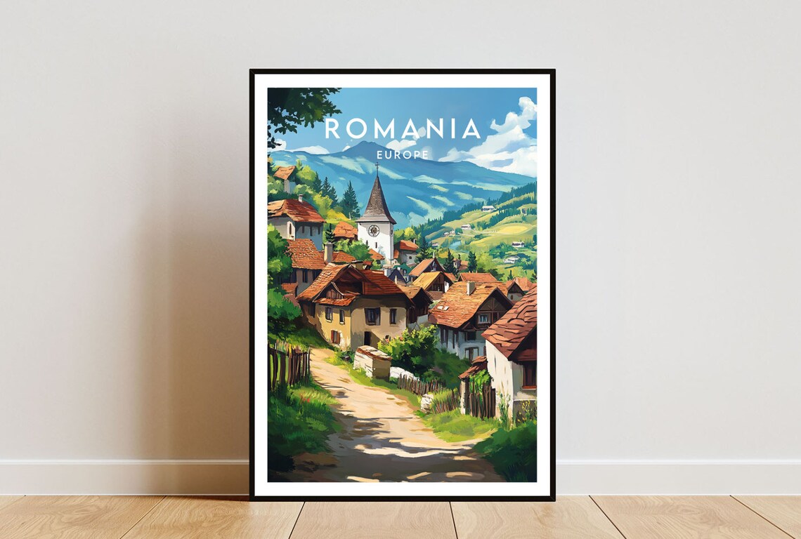Romania Mountain Village Church Dirt Lane Europe Travel Poster