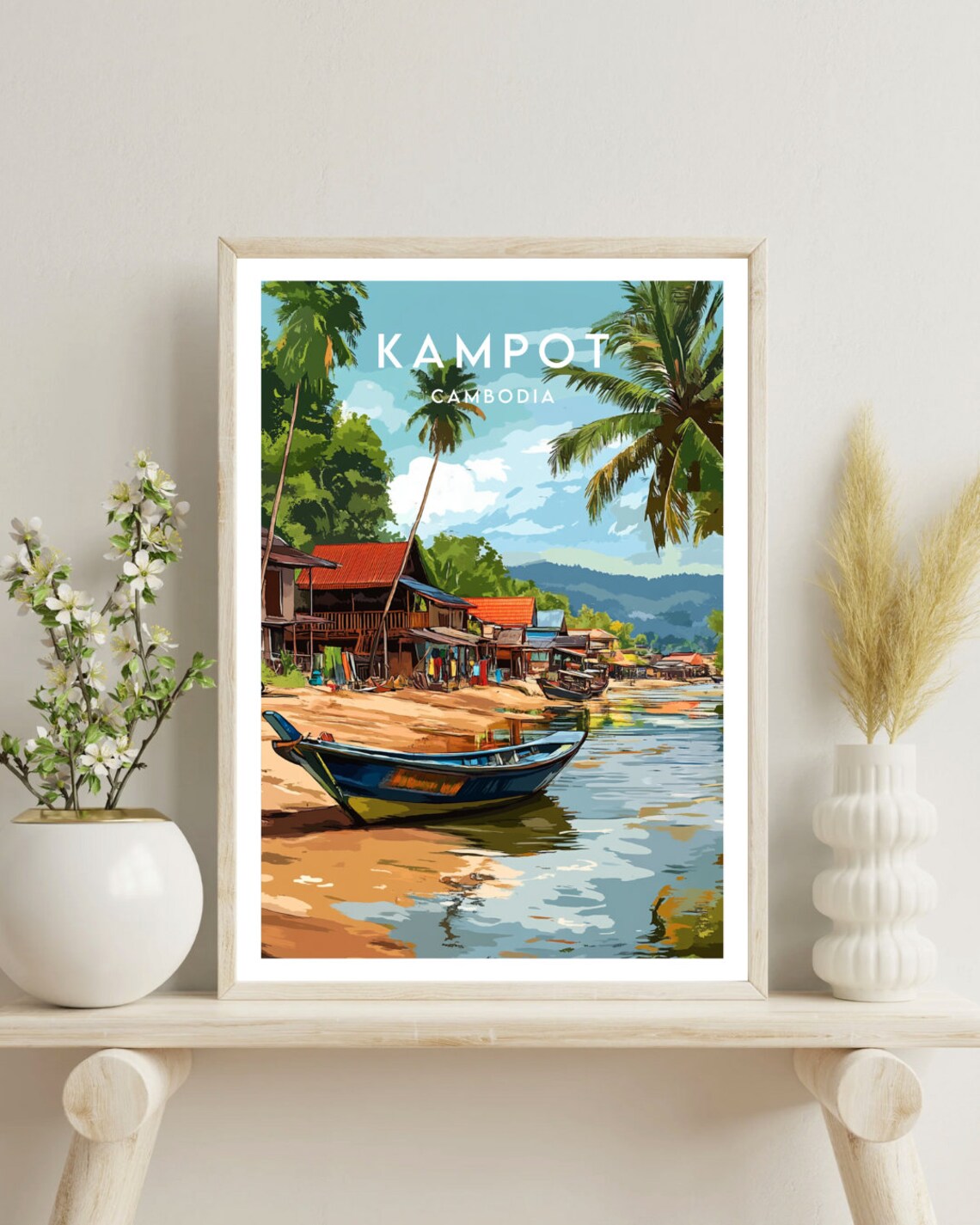 Kampot Cambodia Riverside Village Fishing Boat Tropical Poster - Image 4