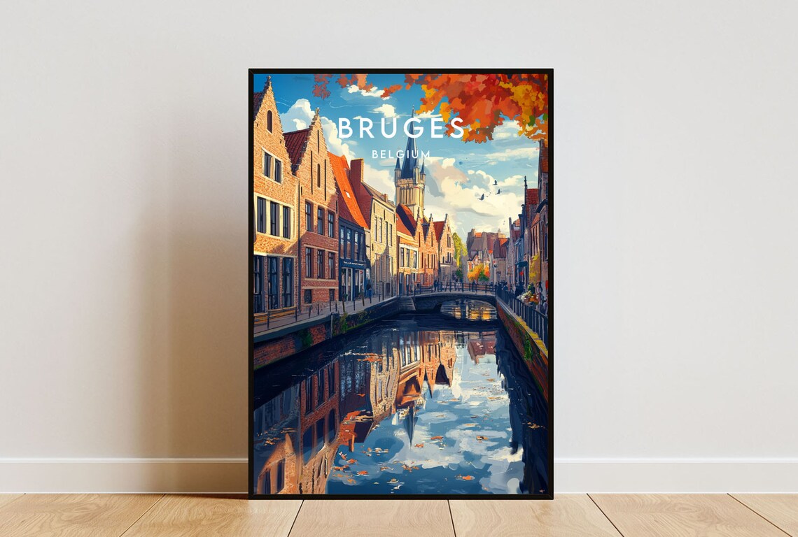 Bruges Canal Autumn Historic Houses Reflection Belgium Travel Poster
