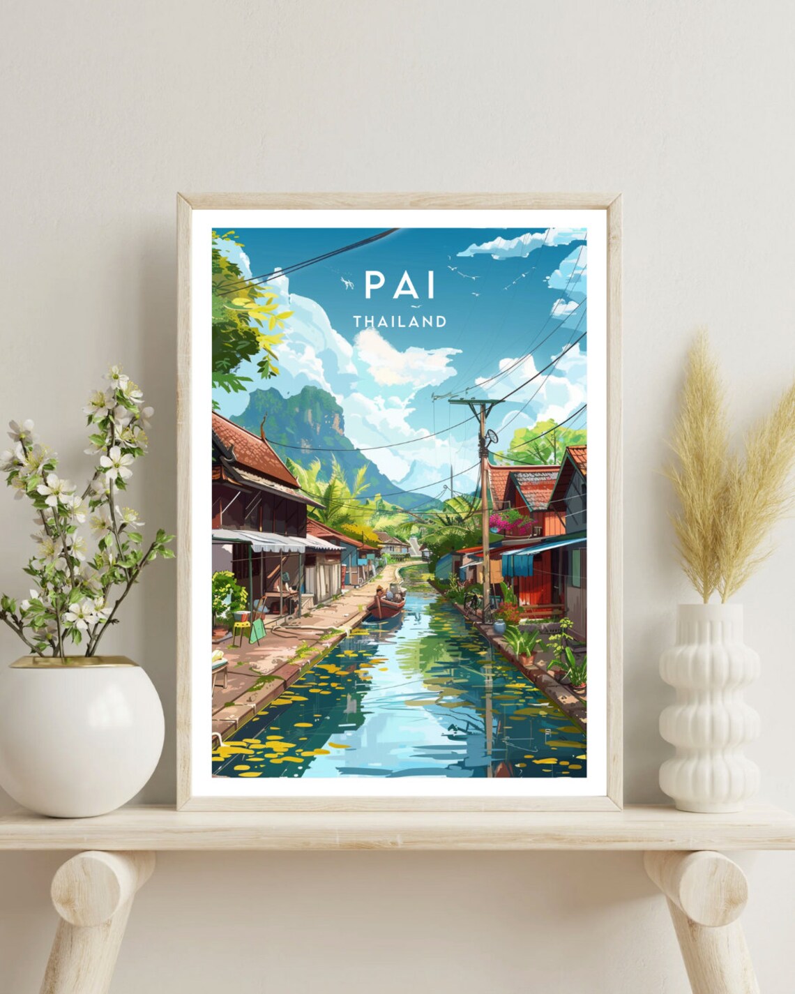 Pai Thailand Canal Street Wooden Houses Mountain Travel Poster - Image 4