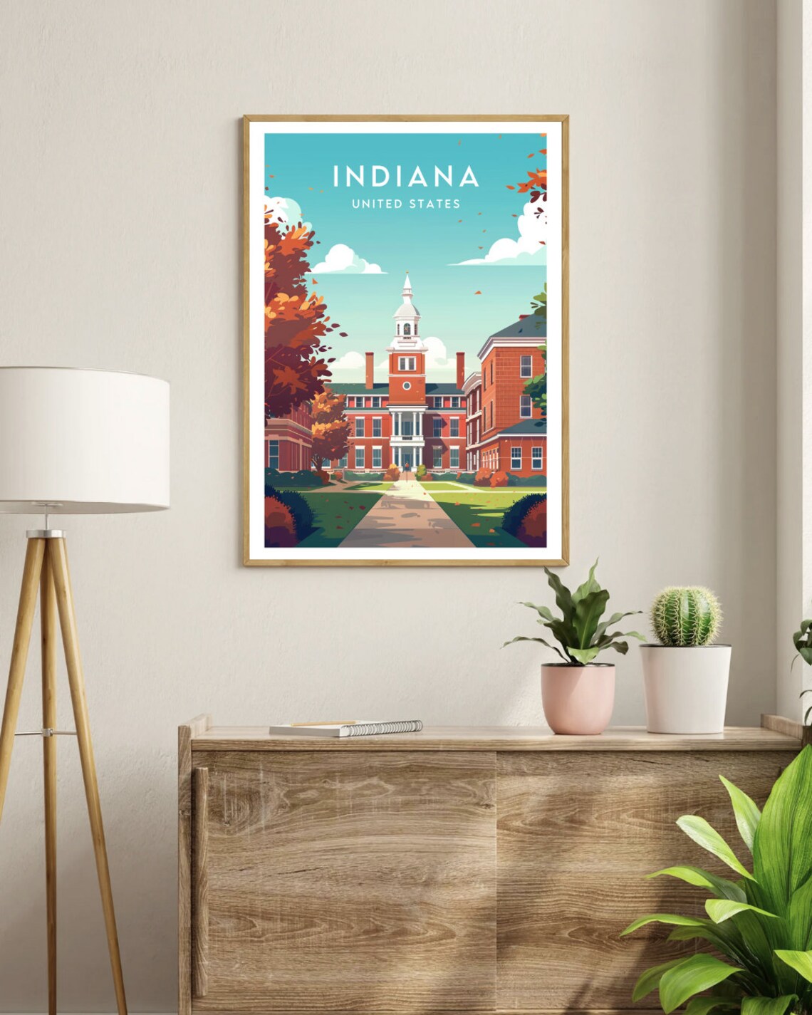 Indiana United States Red Brick Colonial Hall Autumn Travel Poster - Image 3