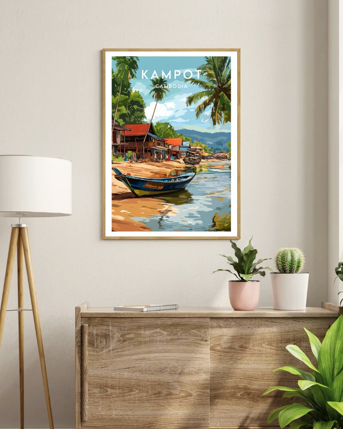 Kampot Cambodia Riverside Village Fishing Boat Tropical Poster - Image 3