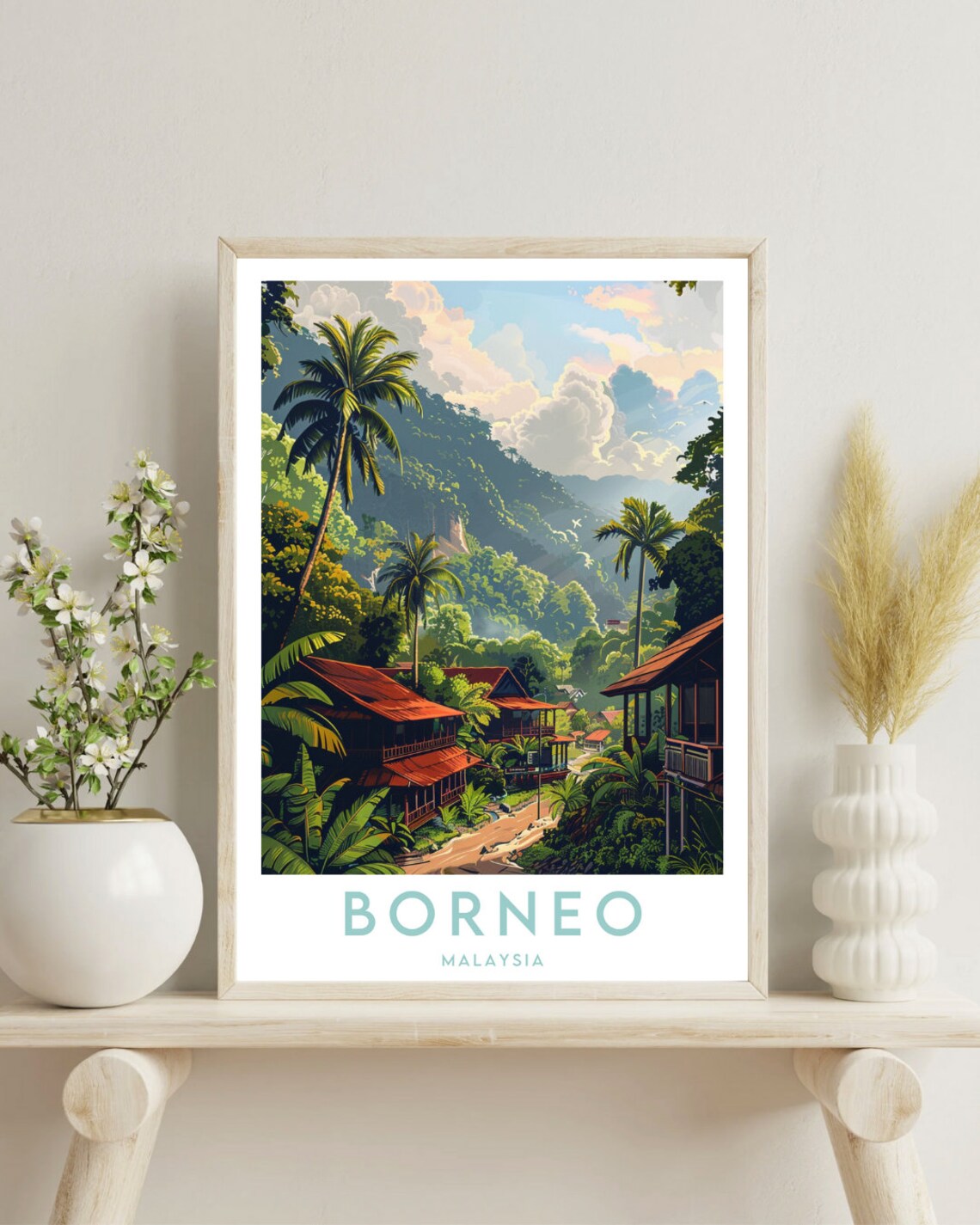 Borneo Malaysia Jungle Village Palms and Mountains Art Poster - Image 4