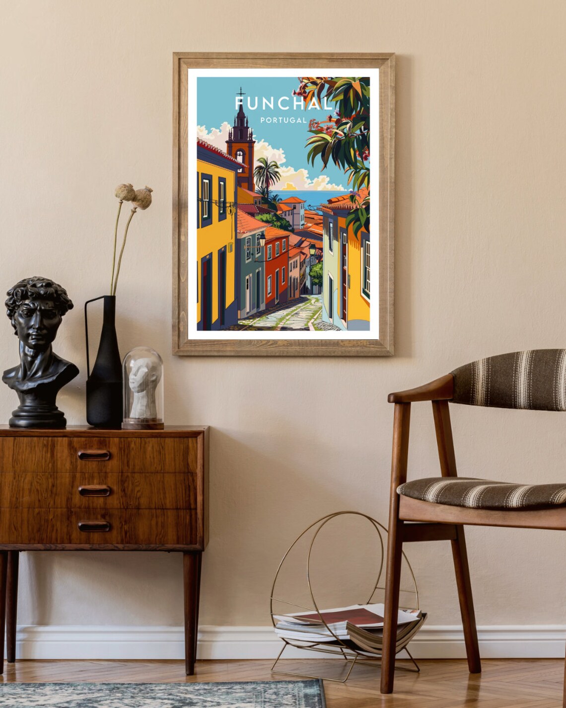 Funchal Portugal Colorful Old Town Street Church Tower Sea Poster - Image 2