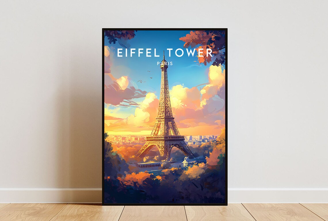 Eiffel Tower Paris Sunset Golden Sky Landmark Travel Art Poster