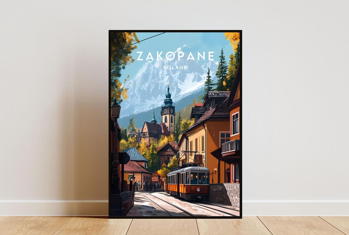 Zakopane Poland Alpine Mountain Town Street Tram Travel Poster