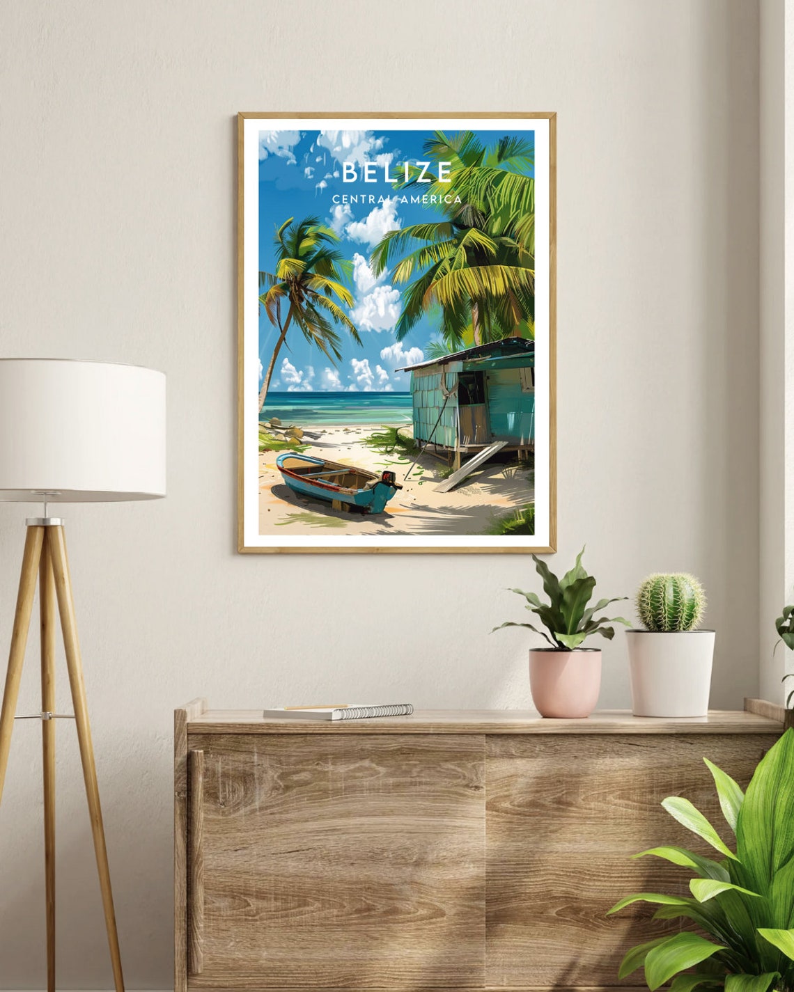 Belize Central America Beach Shack Boat and Palms Art Poster - Image 3