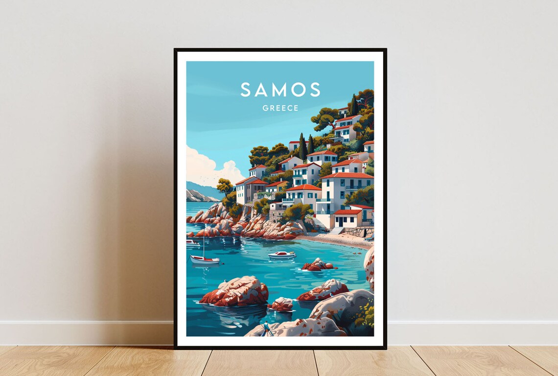 Samos Greece Hillside Village Red Roofs Rocky Cove Travel Poster