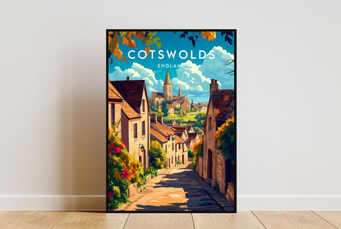 Cotswolds Stone Village Lane Honey Cottage England Travel Poster